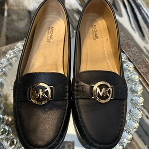 Michael Kors Black Leather Loafers with Gold Accent